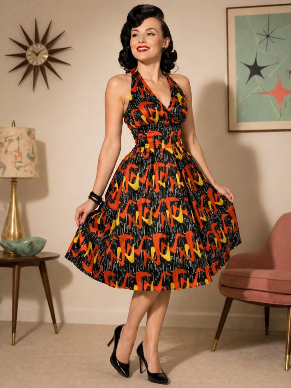 Bettie Page by Tatyana Boomerang Halter Circle Dress Retro 50s Look Large